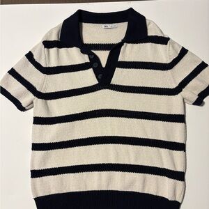 Zara Men's Polo Sweater - Navy and Cream